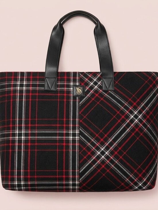 Victoria's Secret Handbags - [BOGO] NWT Victoria's Secret Red and Black Plaid Tote Bag w/ Leather Straps
